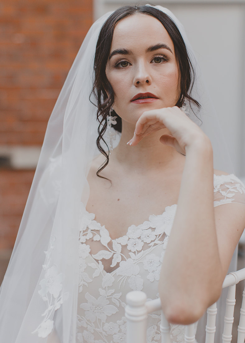 Valentine Veil - tulle veil with floral embroidered appliques. Worn with an embroidered tull gown