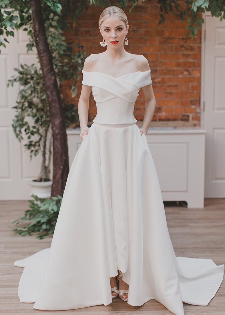 Adored - full length Mikado high low bridal skirt worn with an off the shoulder bridal bodice