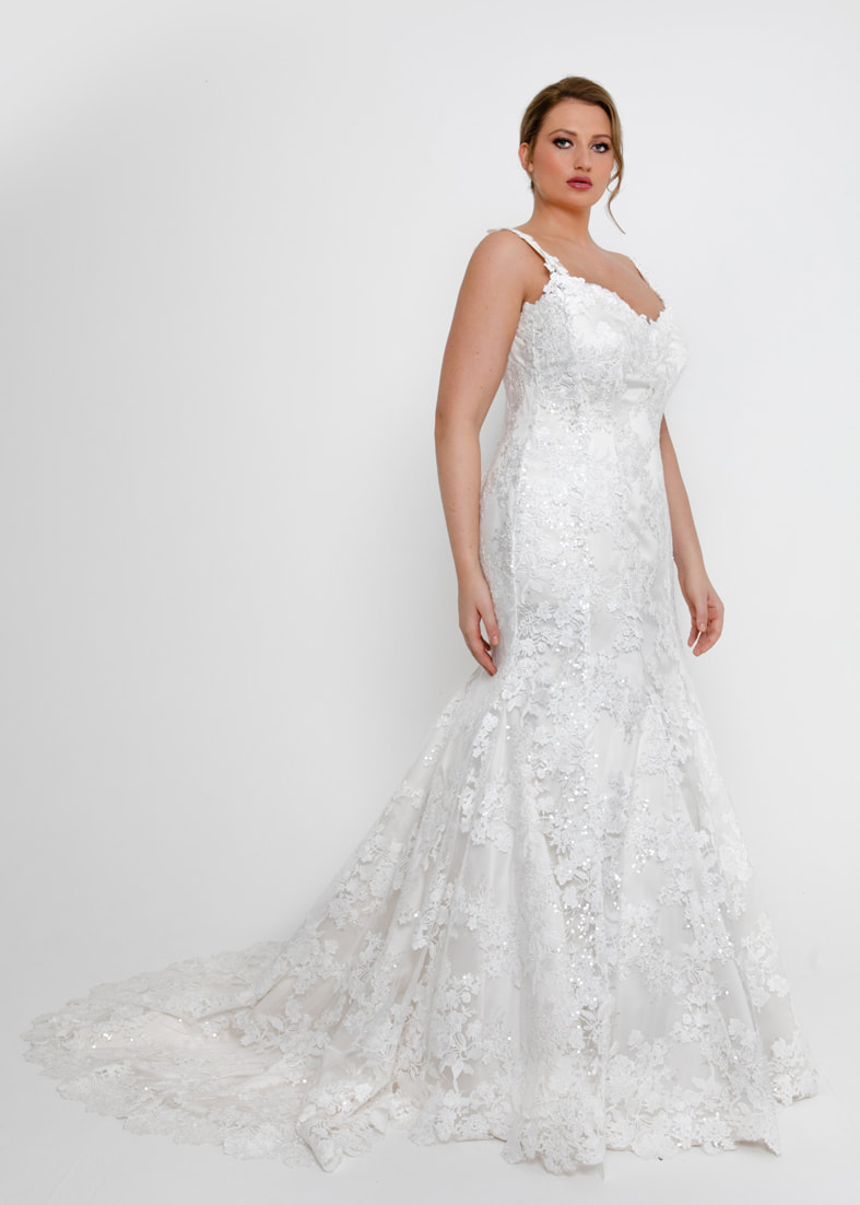 Fitted embroidered lace fishtail wedding dress with straps an a small trsin
