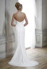 Fitted strapless lace wedding dress with puddle train