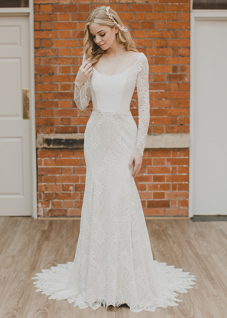 Eternal - fited guipure lace bridal dress with long  sheer lace sleeves and wide scoop neckline