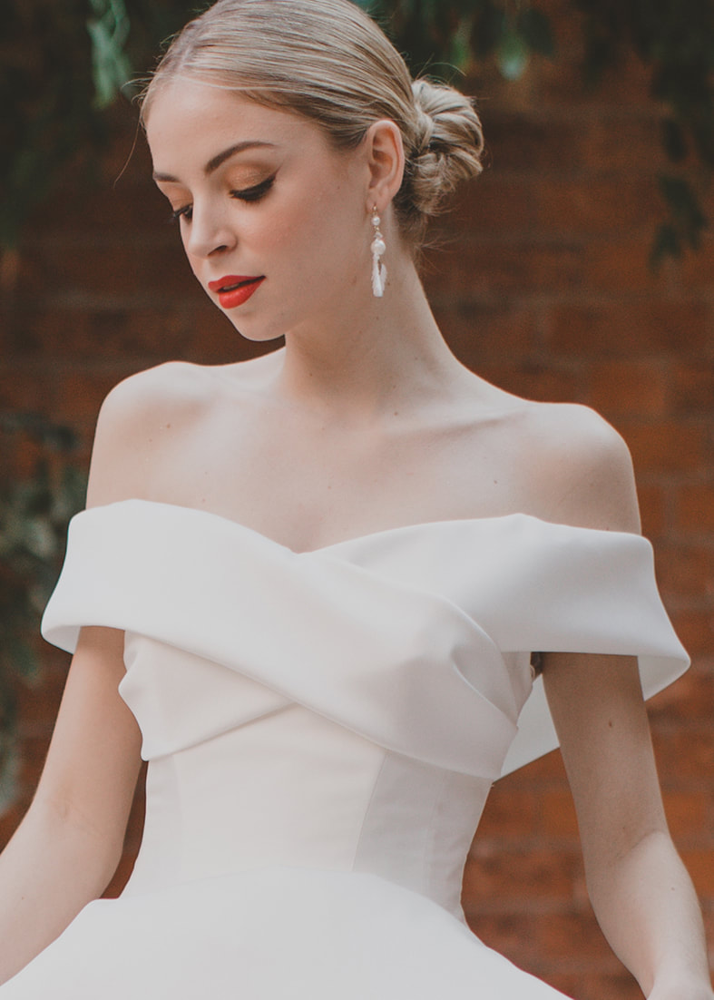 Fondness - bridal bodice in Mikado silk with a wide off the shoulder neckline and a crossover detail at the bust