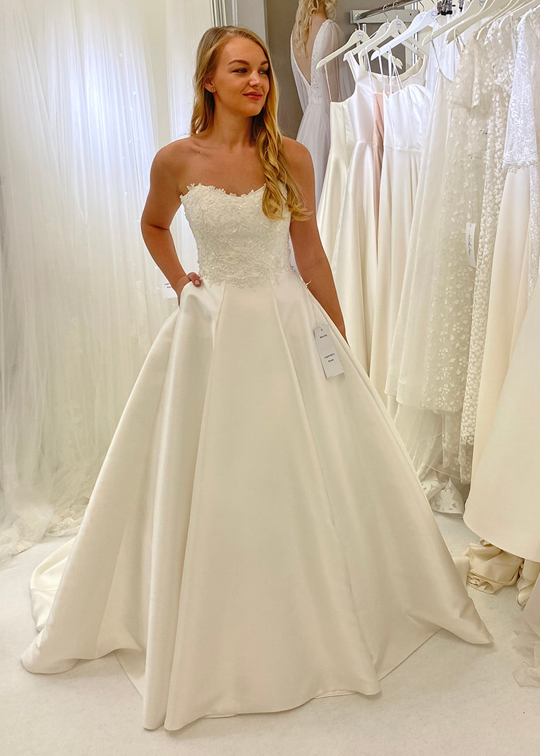 Monroe strapless ballgown wedding dress with pockets and a 3d lace embellished bodice