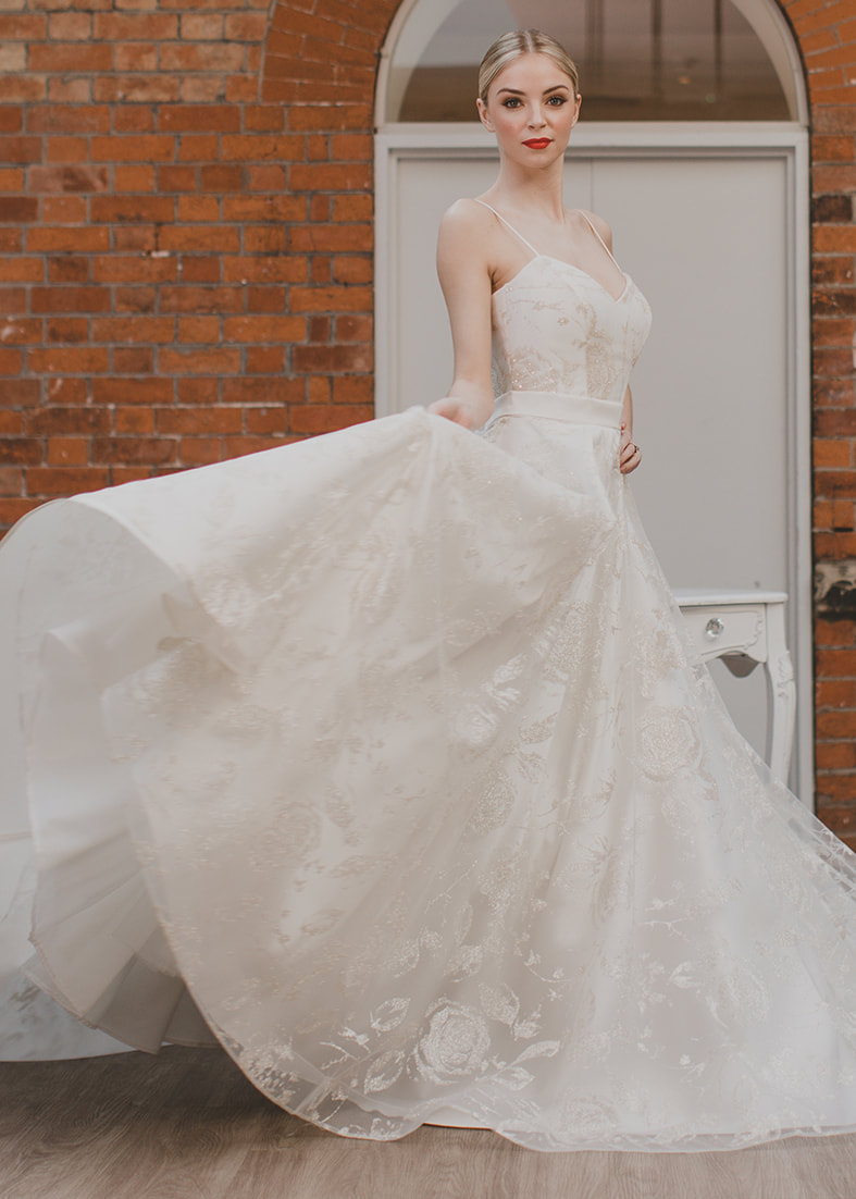 Romantic Overskirt - full floral glitter tulle circle overskirt worn over a full skirted wedding dress with matching floral overlay on the bodice