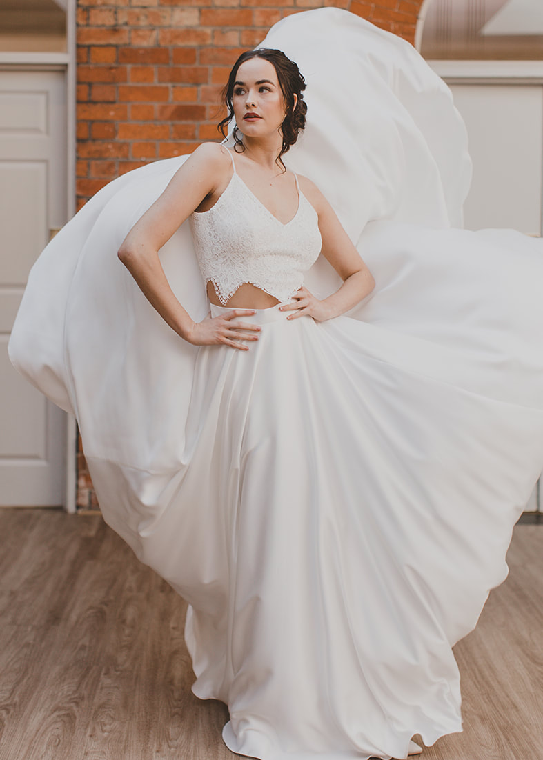 Always - flowing satin crepe cirle skirt worn with a cropped lace bridal bodice